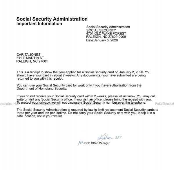 Social Security Card Replacement Receipt Form Template