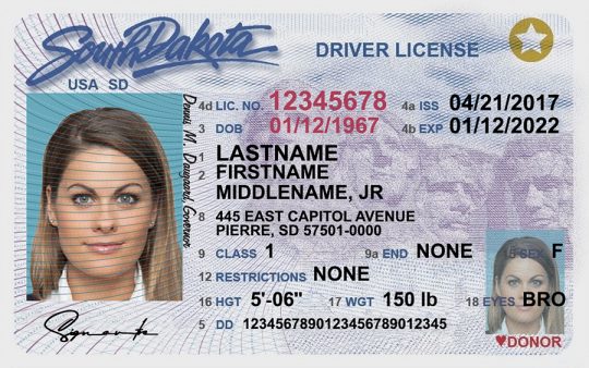 South Dakota Driver License Template Front