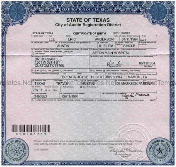 Texas Birth Certificate Template PSD