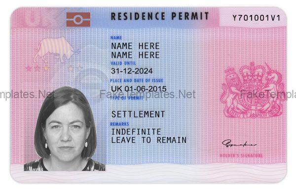 UK Permanent Resident Card Template Front